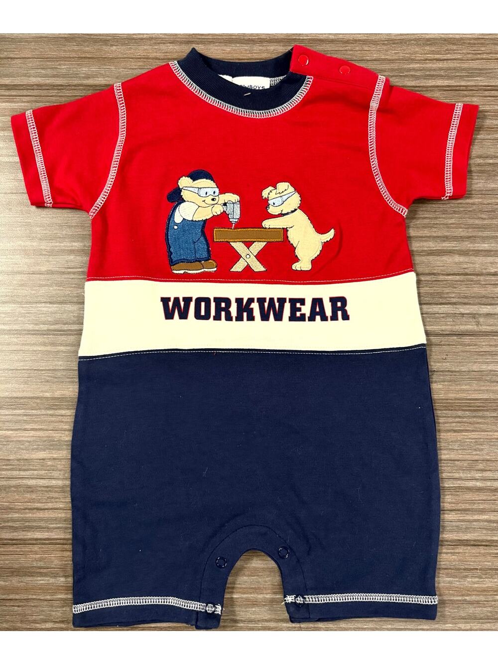 Vintage Cowboys & Angels Romper Boys Size 6-9M Workwear Bear Dog Embroidered